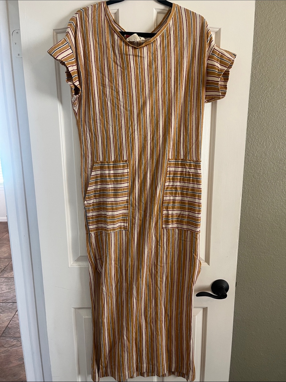 Striped Mustard and Cream Striped Pocket Midi Dress - Women. Free People Beach